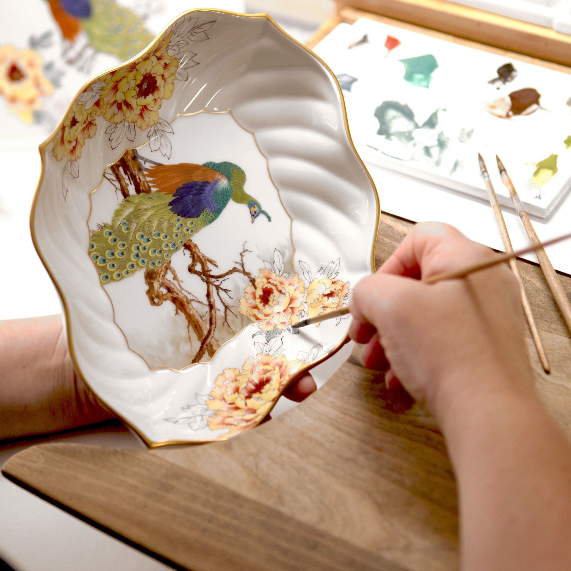 LIMITED EDITION BOWL, PEAFOWL WITH PEONIES