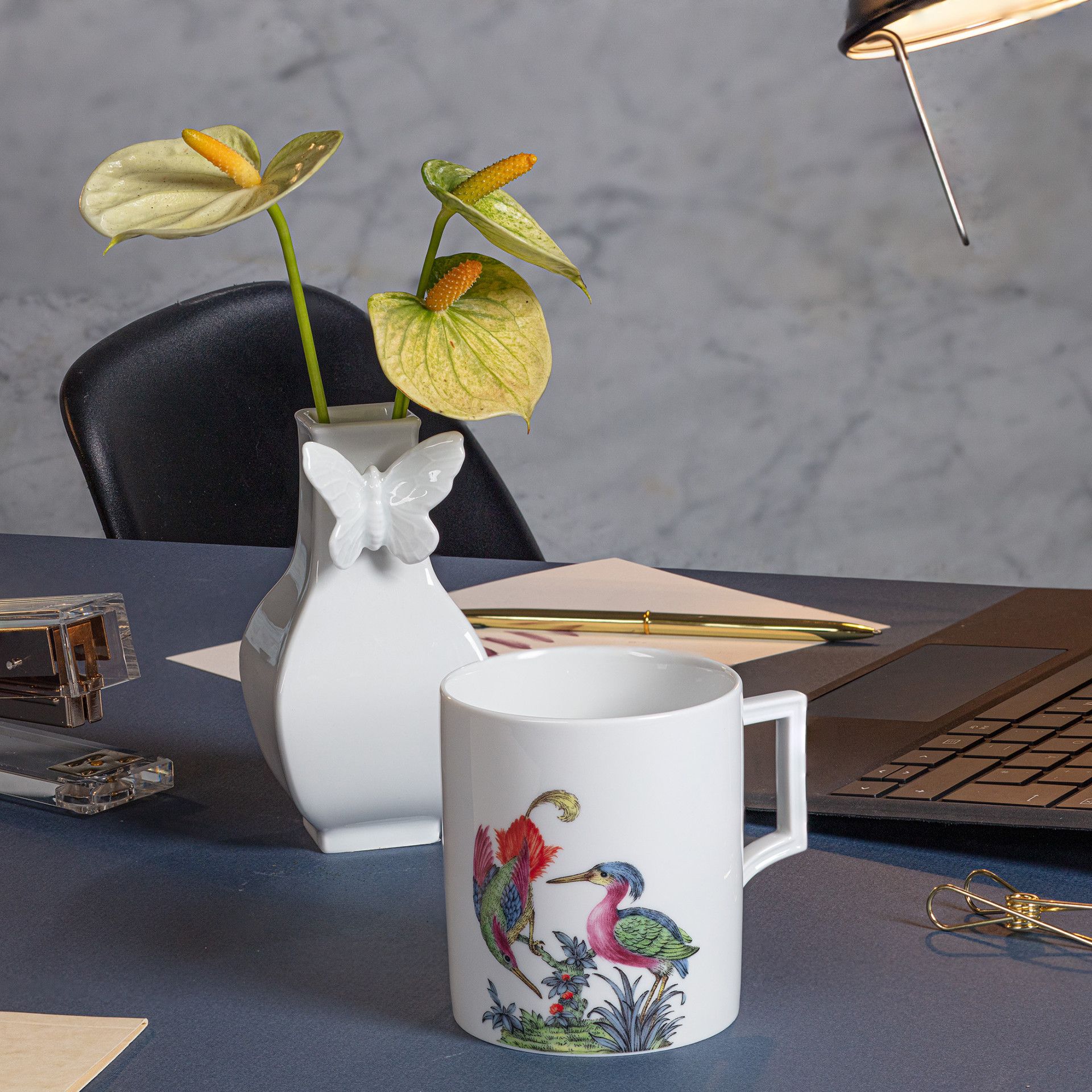 HOME OFFICE SET MUG FANCY BIRDS AND VASE BUTTERFLY