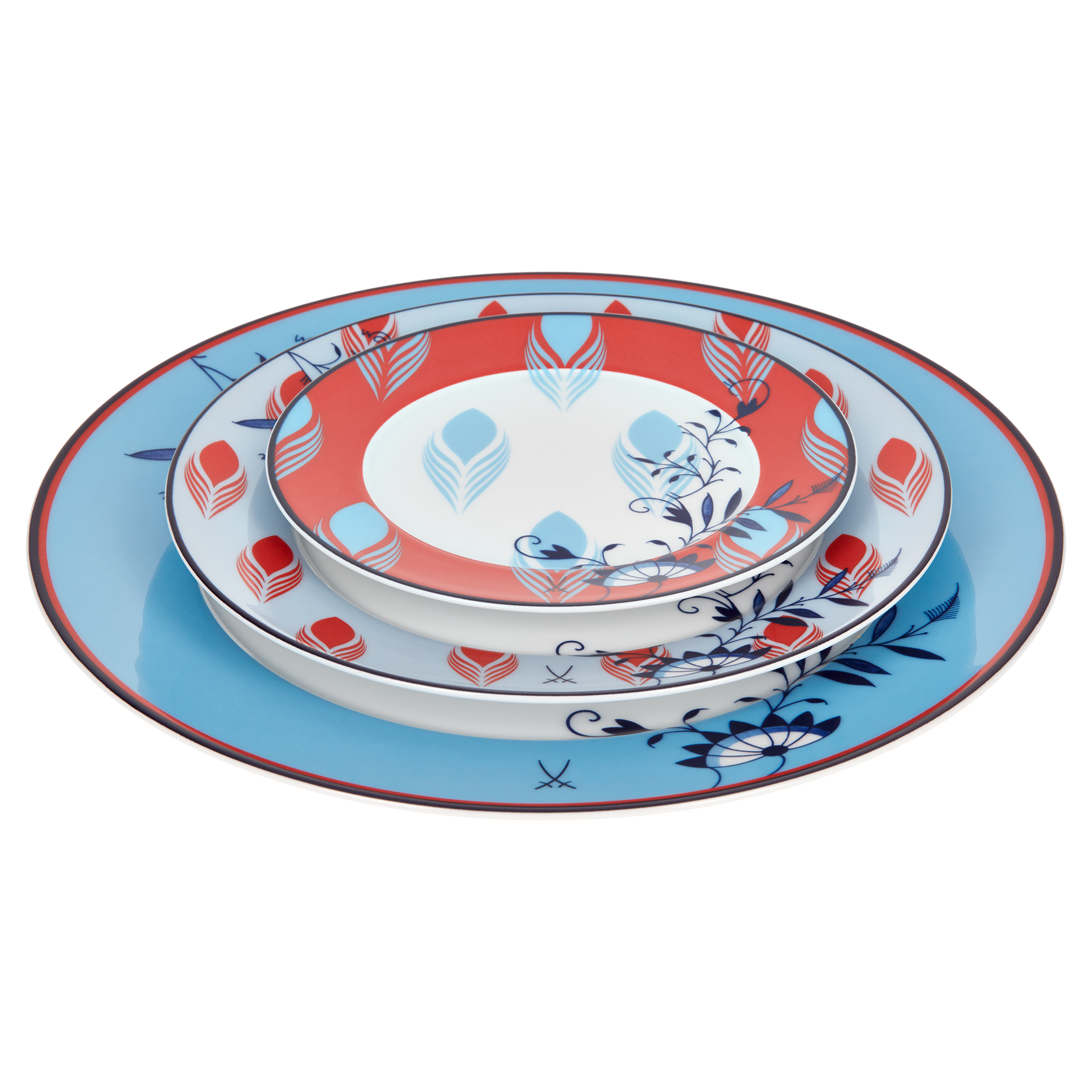 MEISSEN COLLAGE BLOOMY FEATHERS PLATE SET 3PCS.