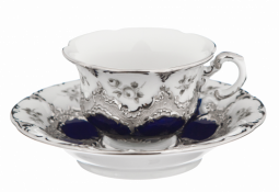 B-FORM ROYAL BLUE PLATINUM STREWN ROSES ESPRESSO CUP WITH SAUCER